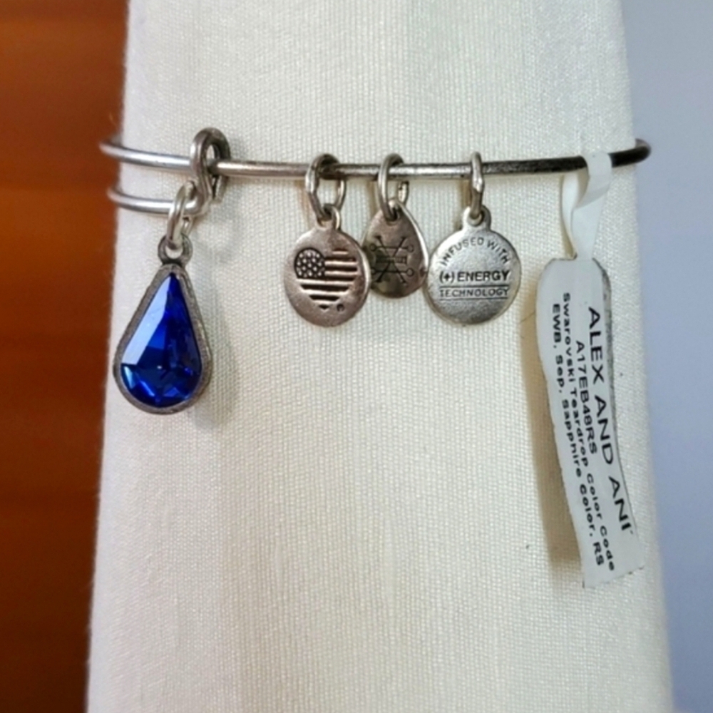 Alex & Ani 8" NEW Bracelet Swarovski Sapphire September Blue Silver Teardrop